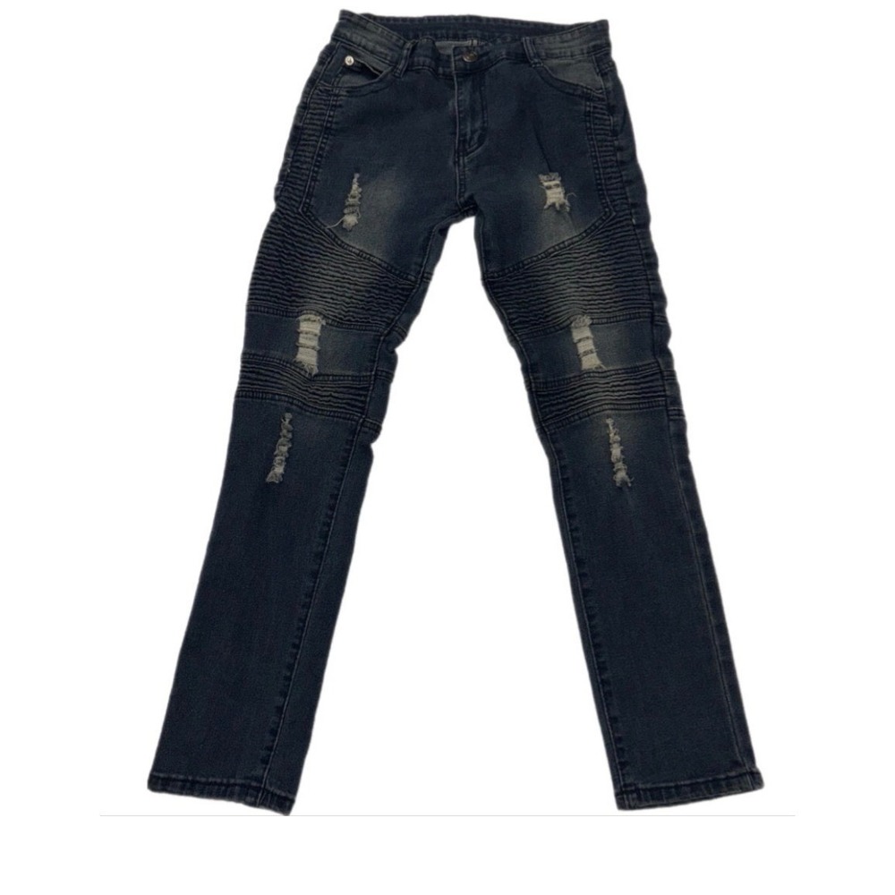 Moto Biker Jeans Kids Size 10 Dark Blue Distressed Ribbed Streetwear Denim
